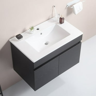 30 Inch Modern Wall-Mounted Bathroom Sink Cabinet, Floating Bathroom Vanity with Storage and Two Soft Close Doors, Bathroom Vanity with Sink, Faucet Not Included,Solid Wood, Black.