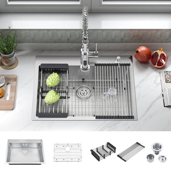 30-Inch Nano-Coated Drop-in 304 Stainless Steel Kitchen Sink Single Bowl with Colander, Drying Rack and Strainer