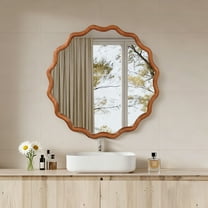 30 Inch Natural Wood Wavy Round Solid Wood Frame Decorative Mirror, Wall-Mounted Accent Mirror for Bedroom, Bathroom, Living Room, Entryway