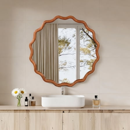 30 Inch Natural Wood Wavy Round Solid Wood Frame Decorative Mirror, Wall-Mounted Accent Mirror for Bedroom, Bathroom, Living Room, Entryway