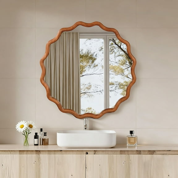 30 Inch Natural Wood Wavy Round Solid Wood Frame Decorative Mirror, Wall-Mounted Accent Mirror for Bedroom, Bathroom, Living Room, Entryway