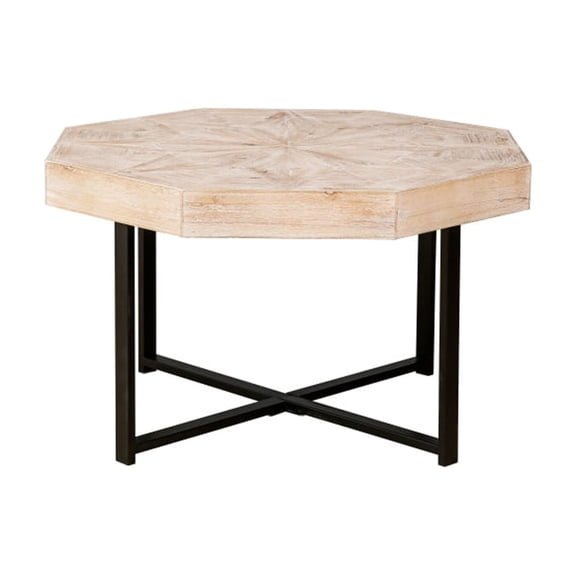 30 Inch Octagonal Coffee Table, Vintage Patchwork Wood Tabletop with Cross Metal Legs, Farmhouse Style Accent Table in 3 Colors, Easy Assembly for Living Room