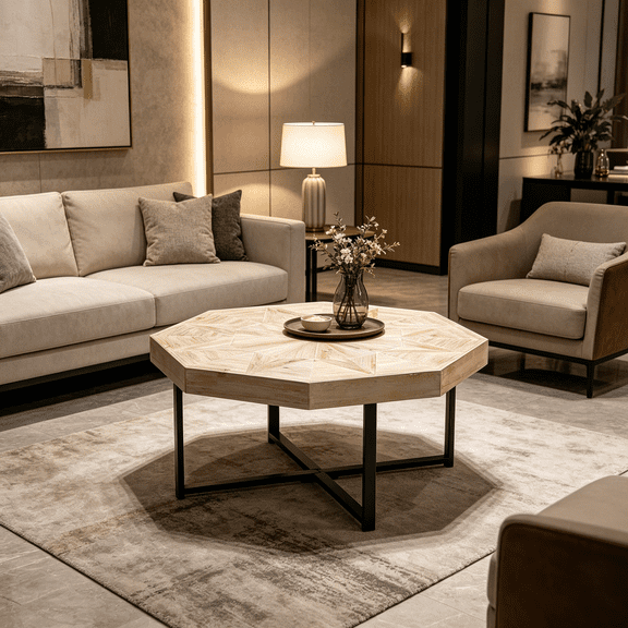 30 Inch Octagonal Coffee Table for Living Room, Vintage Patchwork Farmhouse Design with Metal Cross Legs in Antique Wood