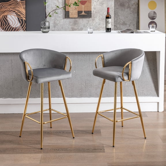 30 Inch Of 2 Bar Stools, Gray Foam Filled Seat With Velvet And Golden Leg, Footrest For Long-lasting Use Tall, Leg Base, Contemporary Vibe