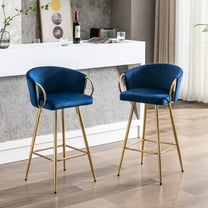 30 Inch Of 2 Blue Velvet Bar Stools With Footrest And Golden Legged Entrance Stools, 2, Gasket