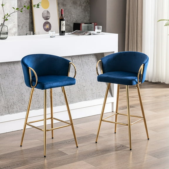 30 Inch Of 2 Blue Velvet Bar Stools With Footrest And Golden Legged Entrance Stools, 2, Gasket