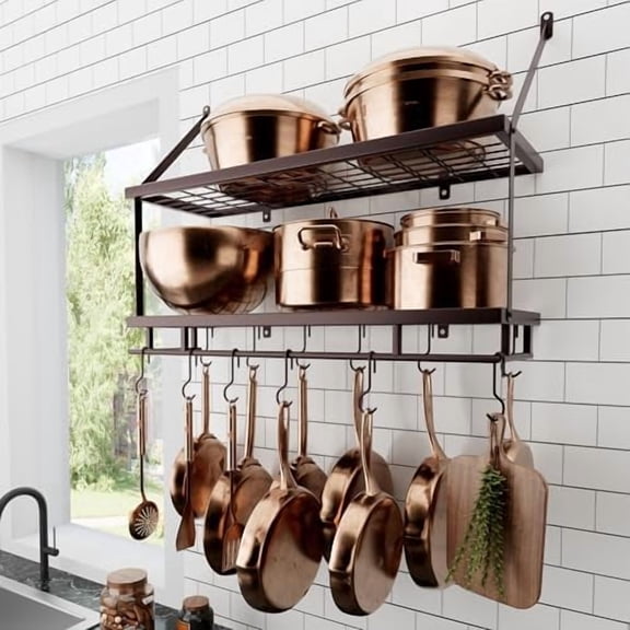 30-Inch Oiled Bronze Pot Rack Wall Mounted, 2-Tier Hanging Pot and Pan Organizer with 12 Sturdy Hooks, Kitchen Wall Hanger Shelves Farmhouse Style, KUR215S75B-OB
