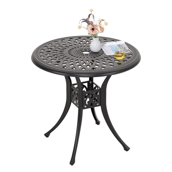 30 Inch Outdoor Dining Table,Cast Aluminum Round Patio Table with Umbrella Hole for Backyard Deck, Black