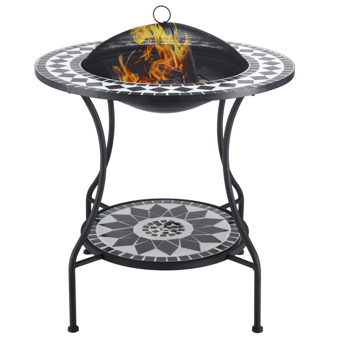 30 Inch Outdoor Fire Pit Dining Table with Wood Burning Bowl, Ice Bucket and Storage Shelf, Spark Screen Cover for Patio, Backyard BBQ and Camping