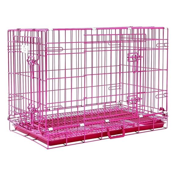 30 Inch Pink Dog Crate, Cute Dog Cage Medium Sized Collapsible Small Dog Kennel Indoor Nano-Coated Metal Wire Dog Crate with Removable Floor Grid Tray, Double Doors Dual Locks, Handle