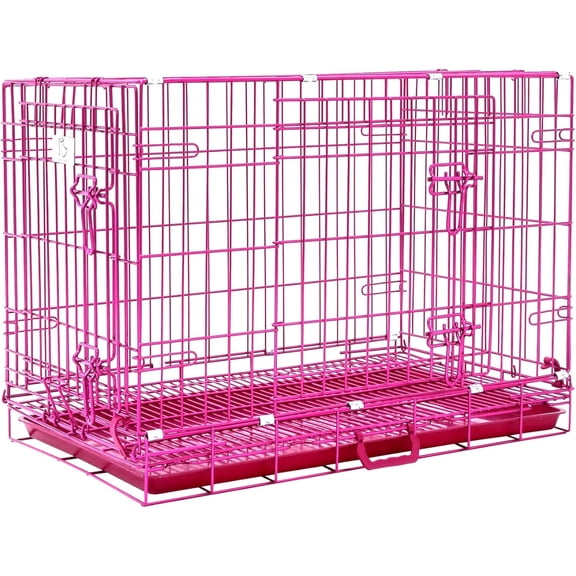 30 Inch Pink Medium Dog Crate with Collapsible Metal Wire Construction Removable Floor Tray Double Doors Dual Locks and Handle