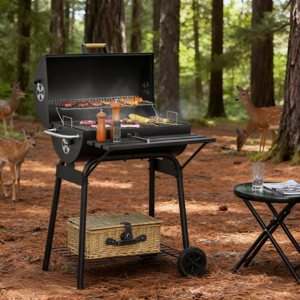 30 Inch Portable Charcoal Barbecue Grill with Wheels 2 Level Cooking Grates Adjustable Charcoal Tray and Storage Shelves for Outdoor Camping Patio Backyard