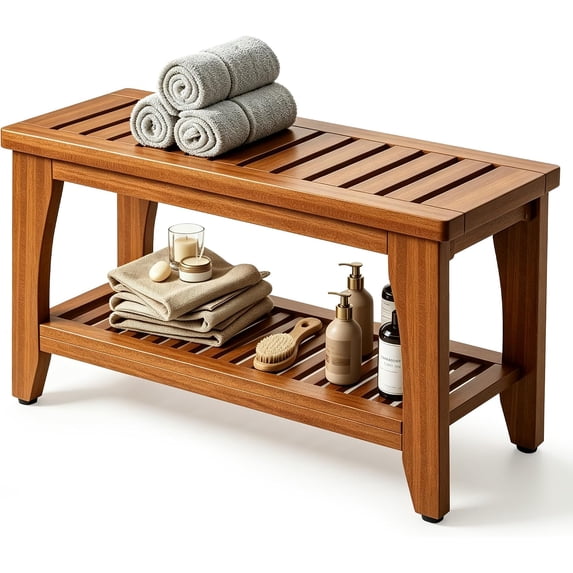 30 Inch Premium Solid Teak Shower Bench With Storage Shelf, Heavy Duty ...
