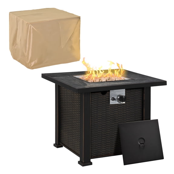 30 Inch Propane Gas Fire Pit Table, 50000 BTU Outdoor Firepit with Lava Rocks & Cover, CSA Certified Square Wicker Fire Table
