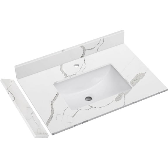 30 Inch Quartz Vanity Top,White Countertop with Undermount Middle Sink Vanity Top, Come with 1 Sidesplash and 1 Backsplash,One Hole Bathroom Vanity Sink Top