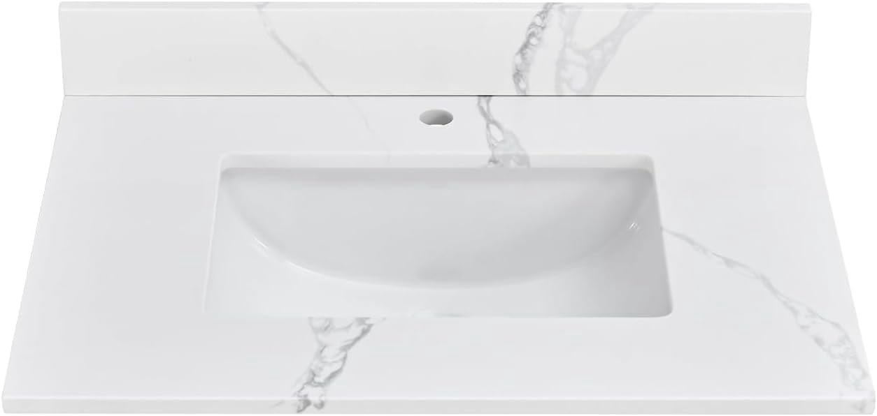 30 Inch Quartz Vanity Top , White Vanity Sink Top with Middle Sink, Pre-Drilled One Faucet Hole Countertop with Backsplash
