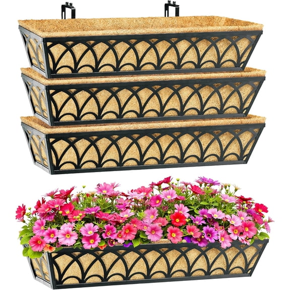 30 Inch Railing Planter Box Window Boxes Planters -4 Pack Deck Railing Planter Boxes with Adjustable Brackets Coco Liners Balcony Planters Railing Hanging for Window Flower Boxes Outdoor Garden Decor