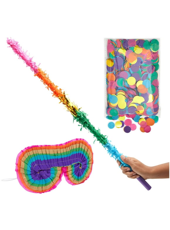 30-Inch Rainbow Pinata Stick with Rainbow Blindfold and Colorful Confetti - Pinata Bat for Kids Birthday Party