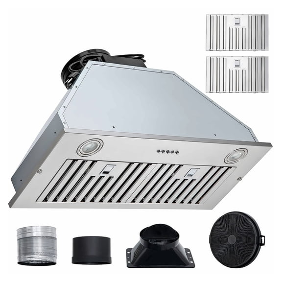 30 Inch Range Hood Insert, 800 CFM Stainless Steel Kitchen Vent with Push Button, Baffle Filters, Ductable/Ductless Convertible, ETL Listed