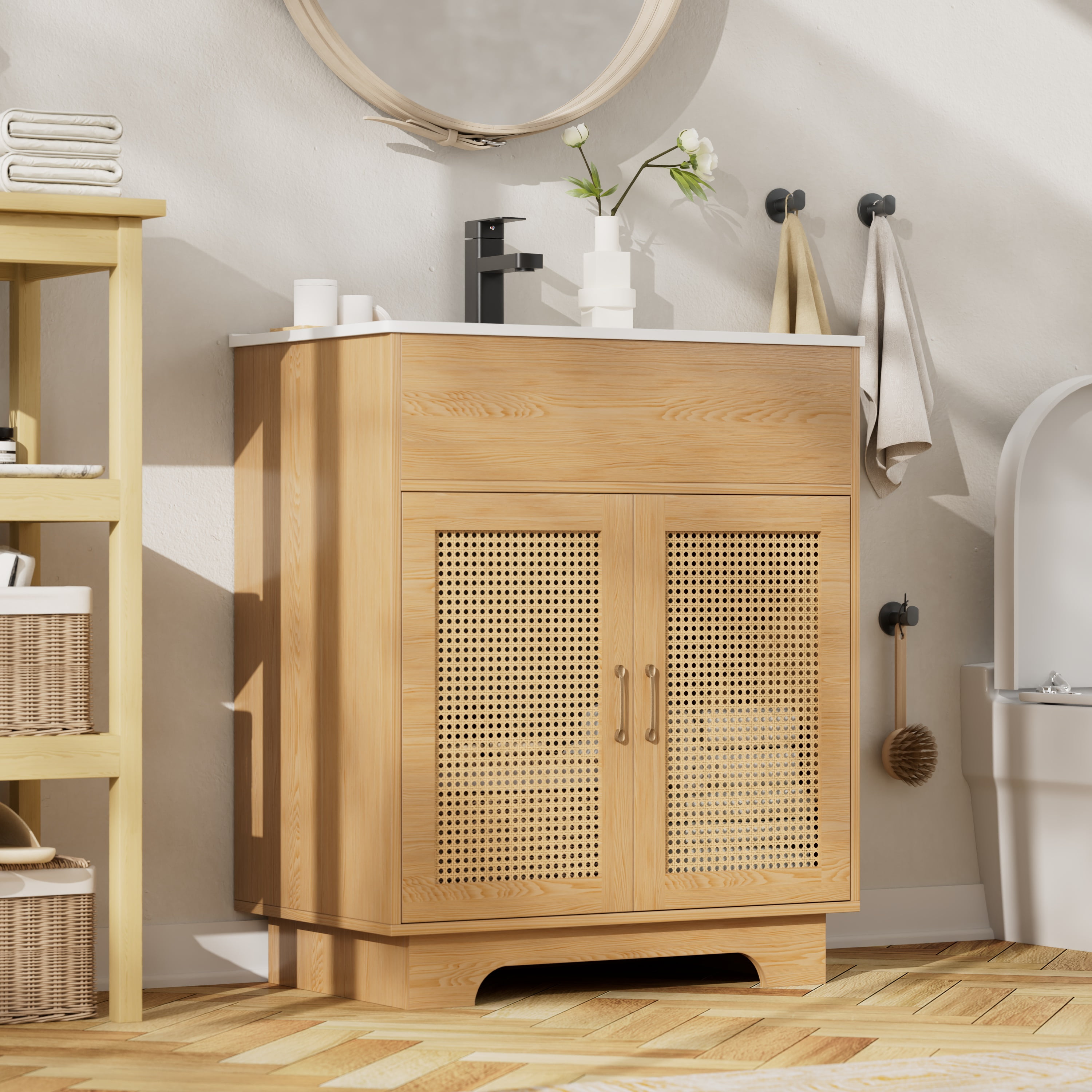 30 Inch Rattan Modern Farmhouse Bathroom Vanity with SinkRustic Bathroom Vanities Cabinet with Ceramic Basin, Natural Oak