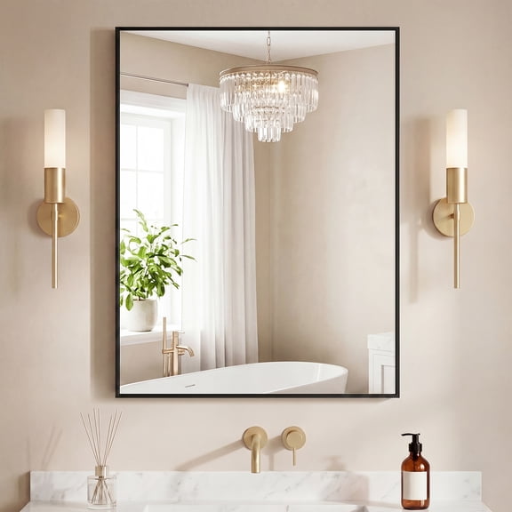 30 Inch Rectangular Bathroom Wall Mirror with Black Brushed Aluminum Frame, Sharp Corner Design, Contemporary Vanity Mirror for Sink, Entryway & Living Room