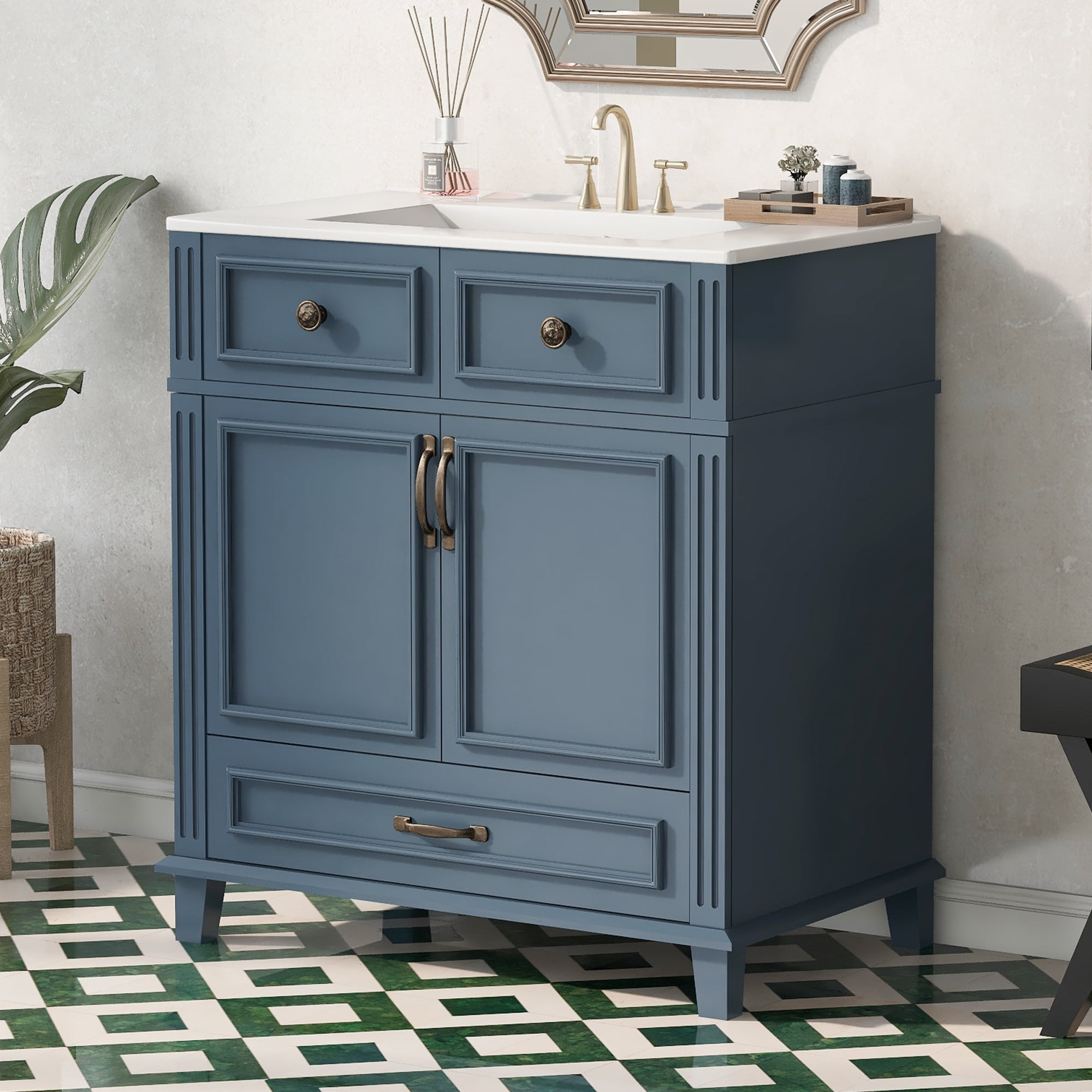 30 Inch Retro Bathroom Vanity with Ceramic Sink Solid Wood Storage Cabinet Soft Closing Doors Blue