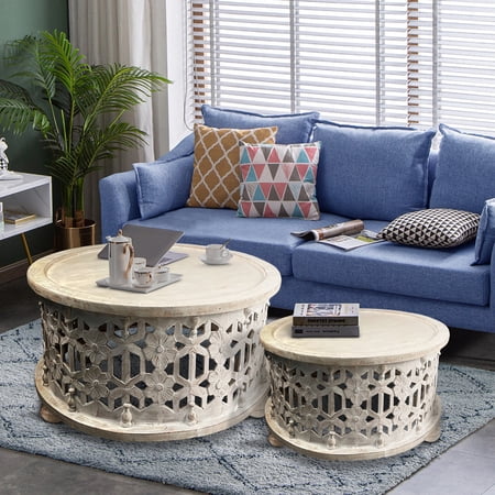 30 Inch Round 2 Piece Wood Coffee Table Set Carved Floral Design Antique White