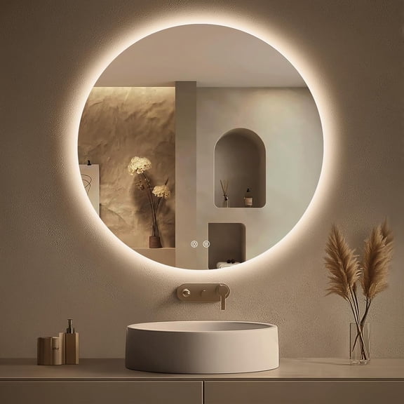 30 Inch Round Backlit Bathroom Mirror with Lights, Circle LED for Bathroom, Fogless, Stepless Dimmable, 3 Color Changing, Memory, IP54, Shatter-Proof