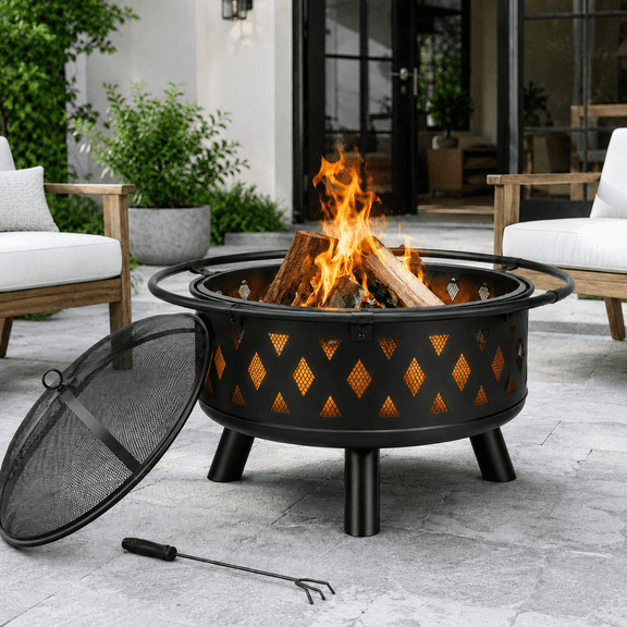 30 Inch Round Firepit for Outside, Heavy Duty Wrought Iron Wood Burning Fire Pit with Hinged Spark Screen, Lift Ring, Log Grate and Diamond Cutouts for Backyard, Patio and Camping, Black