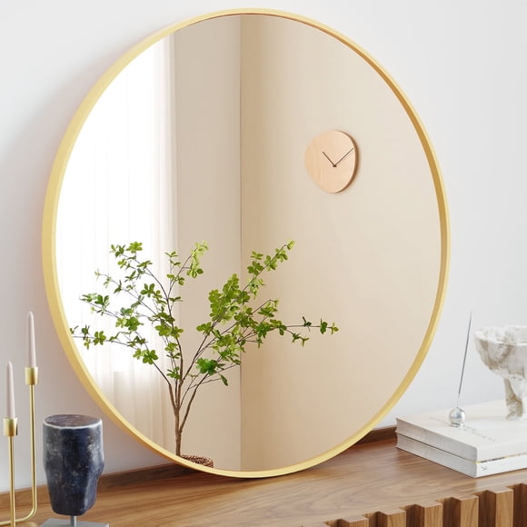 30 Inch Round Gold Bathroom Mirror - Shatterproof Aluminum Frame Wall Mirror, High-Definition Glass