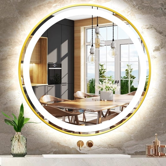 30 Inch  Round  Mirror with Lights  Frame Circle Lighted Mirror for Bathroom Salon Wall 30" Golden Circle Round LED Light up Mirrors   Memory 3 Color Dimmable AntiFog