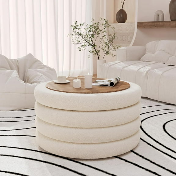 30 Inch Round Ottoman Coffee Table with Storage, Large Sherpa Storage Coffee Table Ottoman with Tray, Multi-Functional Cozy Modern Foot Rest for Couch, Living RoomCream White