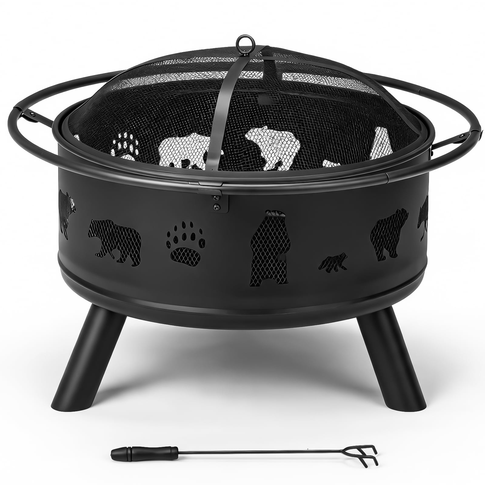 30 Inch Round Outdoor Wood Burning Fire Pit, Heavy Duty Wrought Iron Firepit with Hinged Spark Screen Lid & Lift Ring, Decorative Bear Cutout Patio Fire Pit for Backyard, Garden, Lawn and Camping