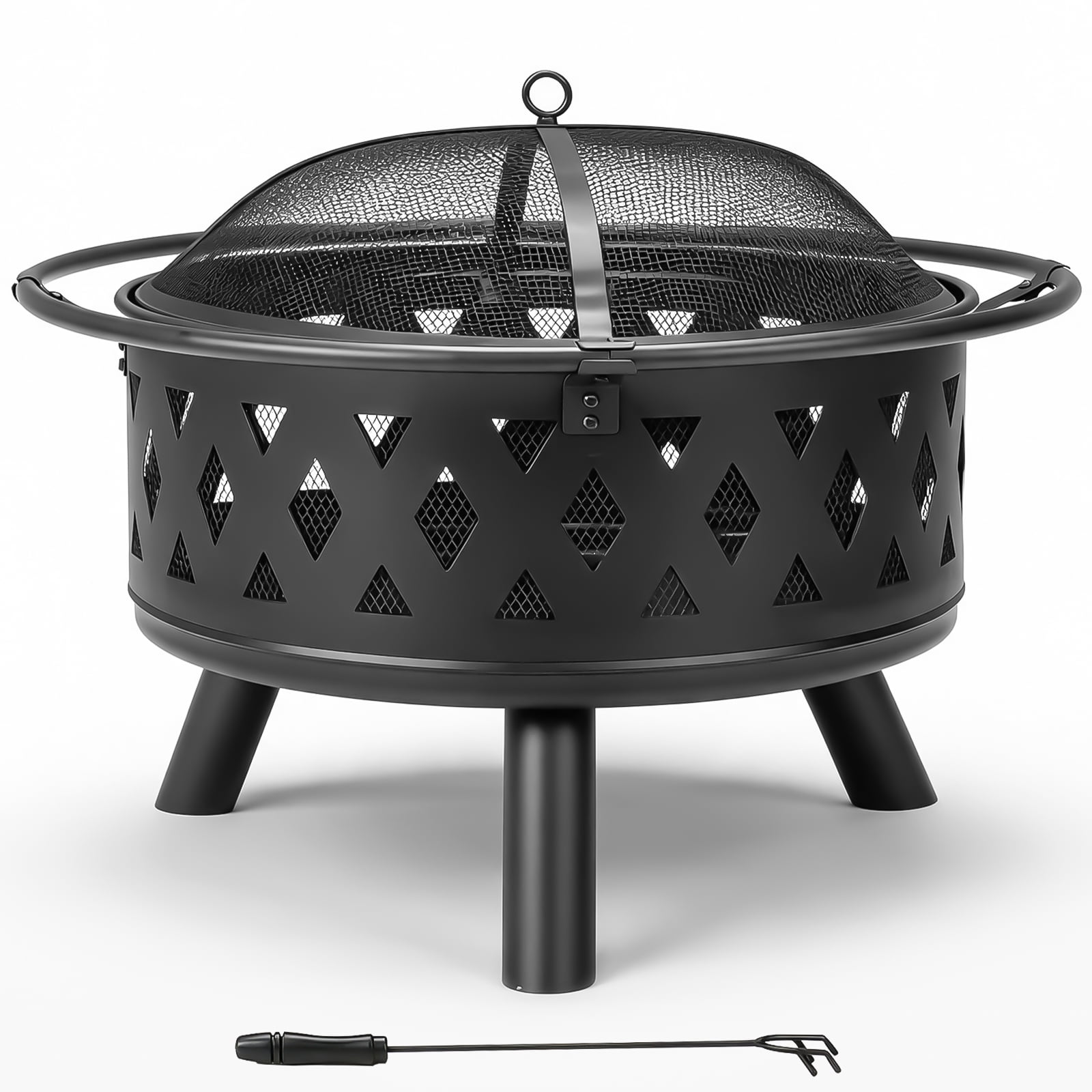 30 Inch Round Outdoor Wood Burning Fire Pit, Heavy Duty Wrought Iron Firepit with Hinged Spark Screen Lid & Lift Ring, Decorative Diamond Cutout Patio Fire Pit for Backyard, Garden, Lawn and Camping