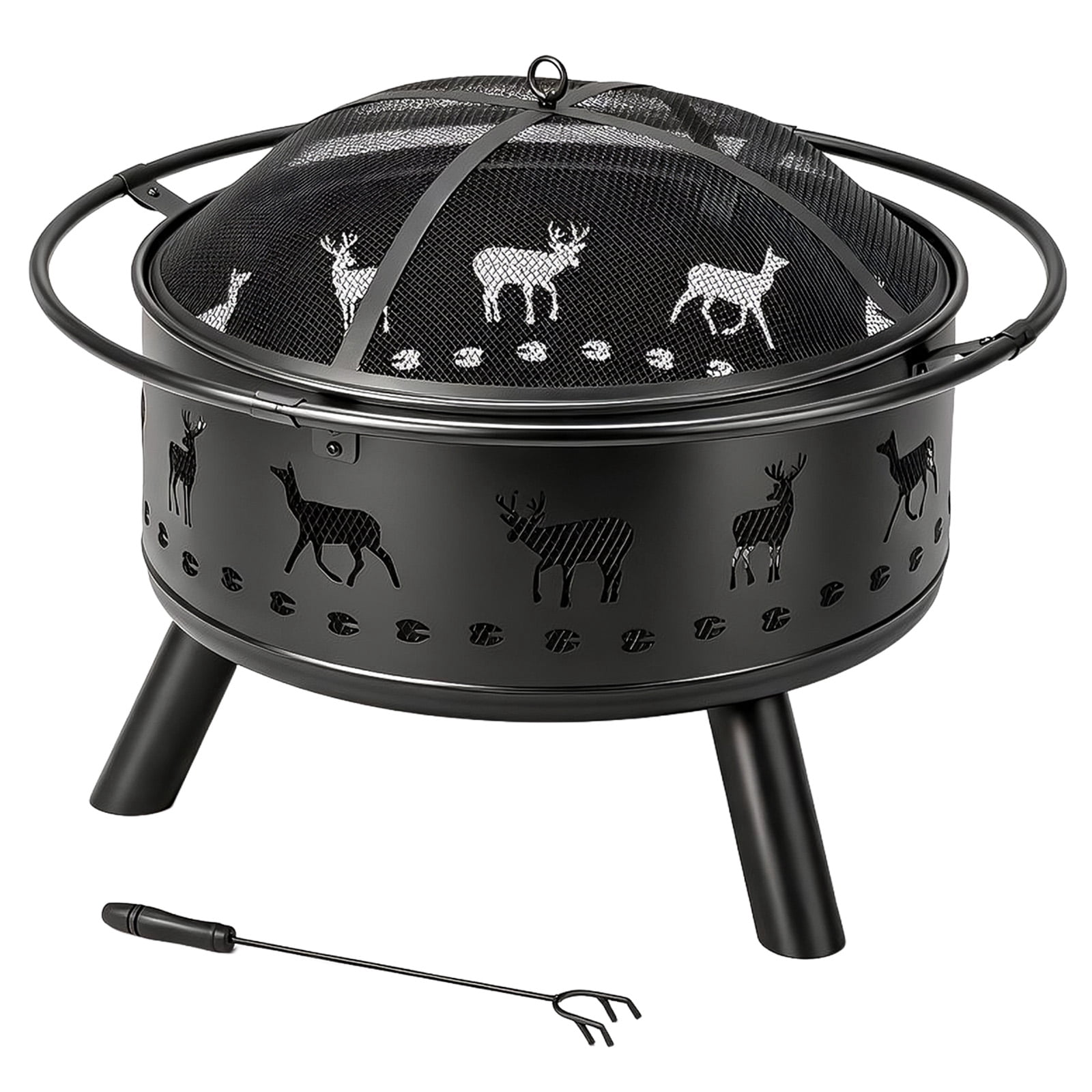 30 Inch Round Outdoor Wood Burning Fire Pit, Heavy Duty Wrought Iron Firepit with Hinged Spark Screen Lid & Lift Ring, Decorative Elk Cutout Patio Fire Pit for Backyard, Garden, Lawn and Camping
