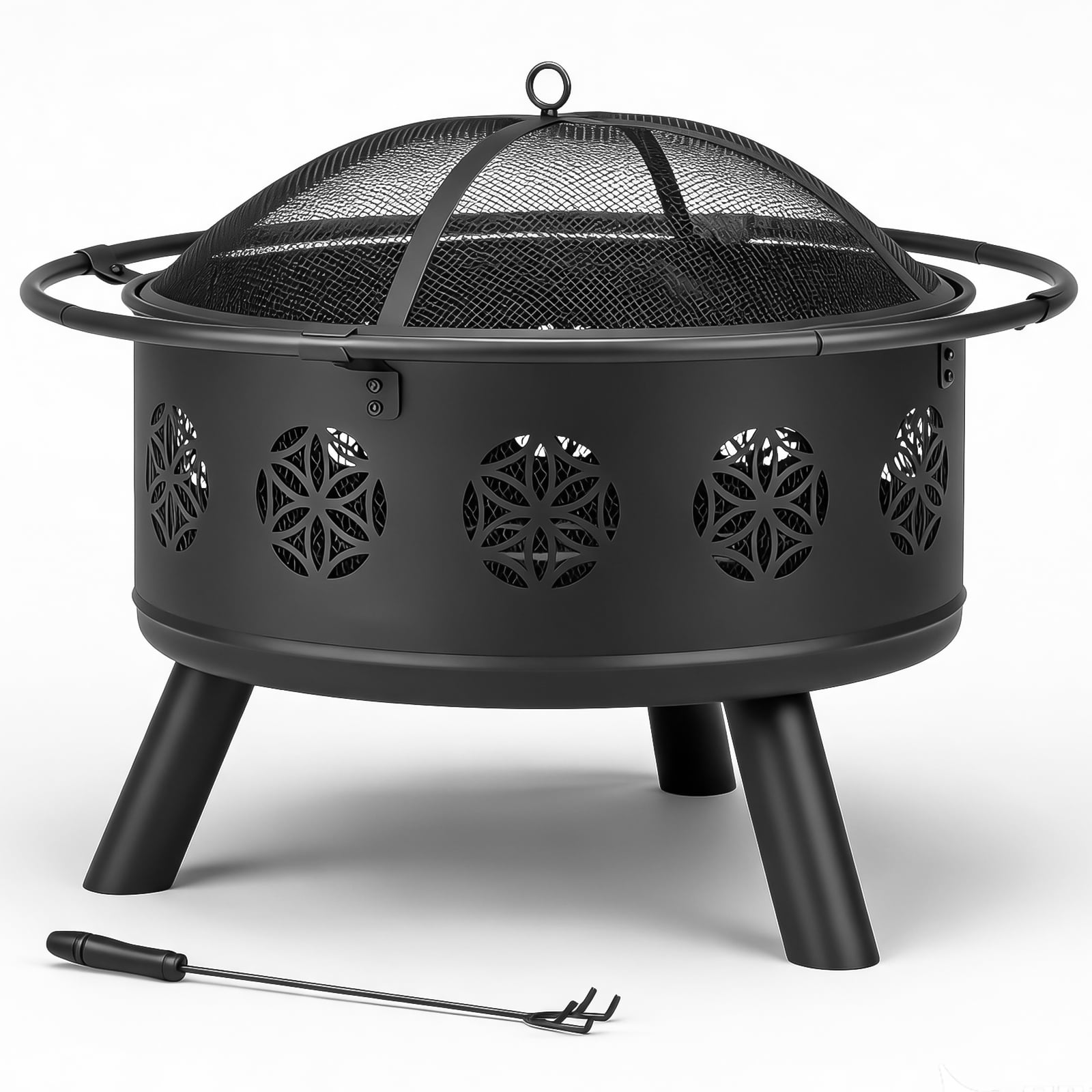 30 Inch Round Outdoor Wood Burning Fire Pit, Heavy Duty Wrought Iron Firepit with Hinged Spark Screen Lid & Lift Ring, Decorative Eternal Flower Cutout Patio Fire Pit for Backyard, Garden, Lawn