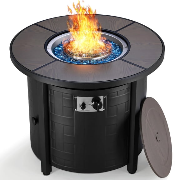 30Inch Round Propane Fire Pit Table, 50,000 BTU Round Gas Fire Pit with Blue Fire Glass, Convertible Lid Restores Tabletop Space, with Waterproof Cover for Patio Storage