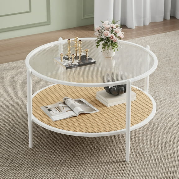 30 Inch Round Rattan Coffee Table with Storage, 2-Tier Modern Farmhouse Center Table with Water Wave Glass Top & Metal Frame, End Table for Small Space Living Room, Office, Apartment - White