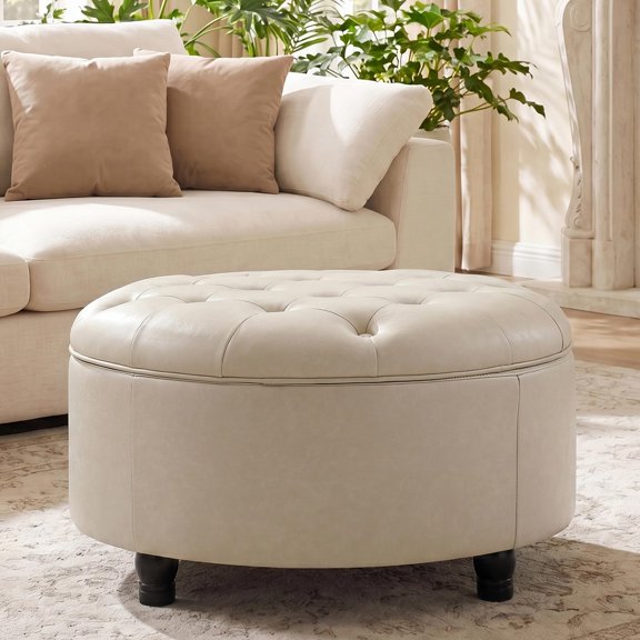 30 Inch Round Storage Ottoman Button Tufted Ottoman Coffee Table Unit Container Removable Top Footrest Stool Furniture Living Room Bedroom Office Cognac Tan