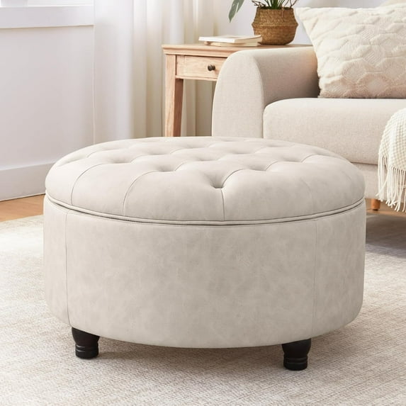 30-Inch Round Storage Ottoman, Button Tufted Ottoman Coffee Table with Removable Top for Living Room, Bedroom, Office (Beige)