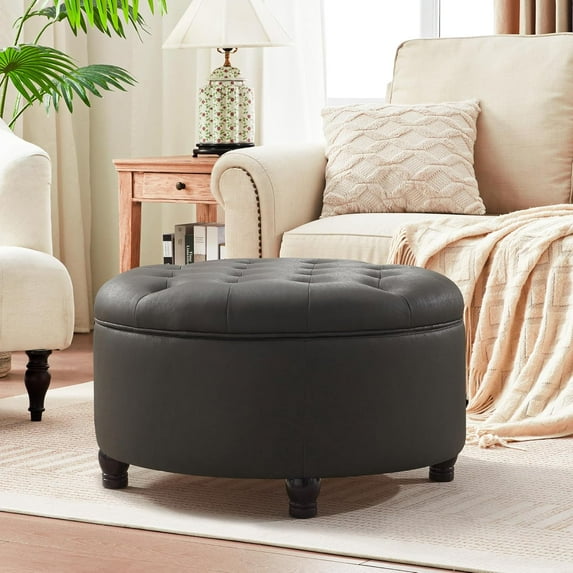 30-Inch Round Storage Ottoman, Button Tufted Ottoman Coffee Table with Removable Top for Living Room, Bedroom, Office (Black)