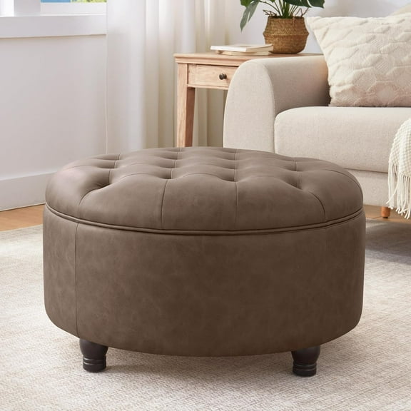 30-Inch Round Storage Ottoman, Button Tufted Ottoman Coffee Table with Removable Top for Living Room, Bedroom, Office (Brown)