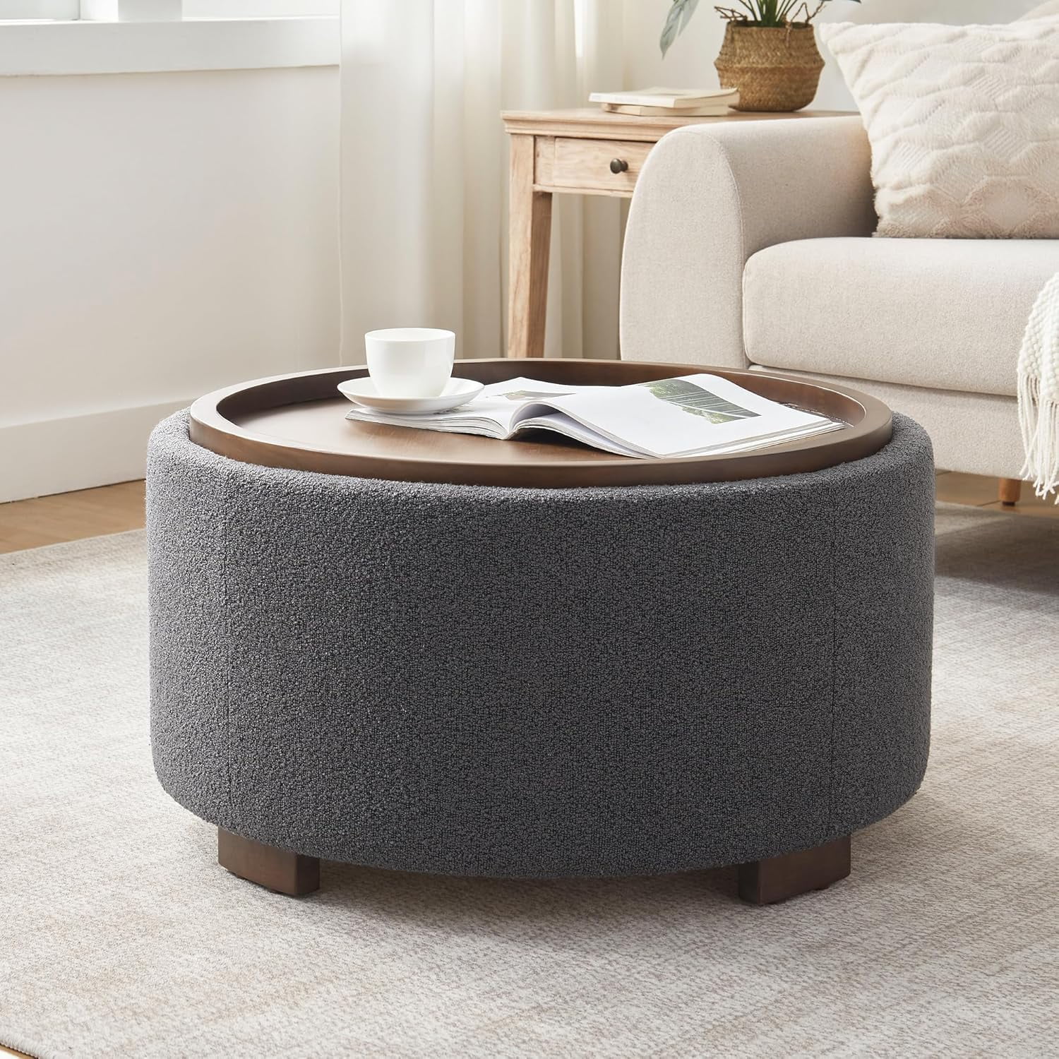 30 Inch Round Storage Ottoman Coffee Table, Modern Boucle Ottoman with Lift-Off Lid and Solid ...