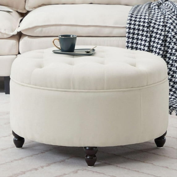30-Inch Round Storage Ottoman,Modern Button Circle Storage Coffee Table with Removable Lid Top,Upholstered Large Footrest Stool for Bedroom,Living Room,Ivory