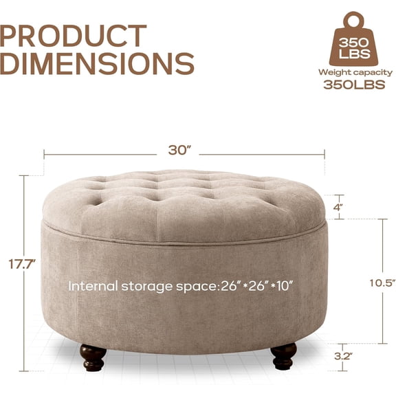 30-Inch Round Storage Ottoman, Modern Button Tufted Coffee Table with Removable Top, Upholstered Footrest Stool for Living Room, Bedroom and Office (Brown)