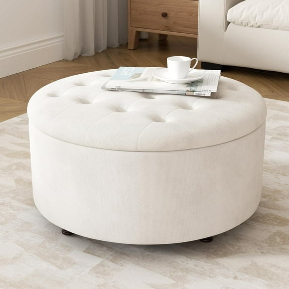 30 Inch Round Storage Ottoman,Modern Tufted Ottomans,Circular Coffee Table with Removable Top,Upholstered Large Ottoman with Storage Footrest Stool for Bedroom Living Room (Beige)