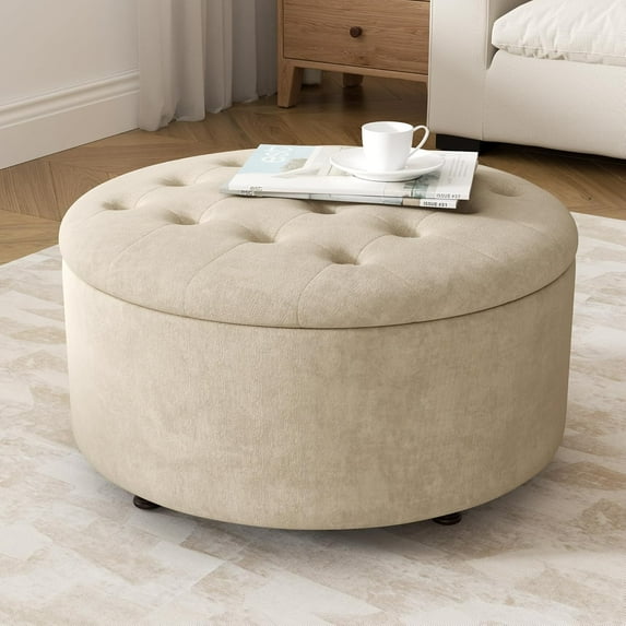 30 Inch Round Storage Ottoman,Modern Tufted Ottomans,Circular Coffee Table with Removable Top,Upholstered Large Ottoman with Storage Footrest Stool for Bedroom Living Room (Lightbrown)
