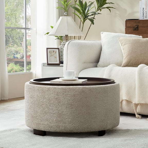 30 Inch Round Storage Ottoman, Ottoman Coffee Table with Lift Off Lid, Boucle Modern Ottomans with Storage for Living Room, Bedroom, Apartments (Light Brown Striped)