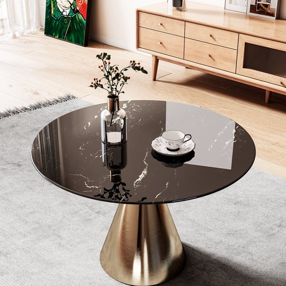 30"Inch Round Tempered Glass Table Top with Marble Design,DIY Replacement&Cover Desktop,Black Dining Tabletop,Coffee Tabletop,Patio Tabletop,Suitable