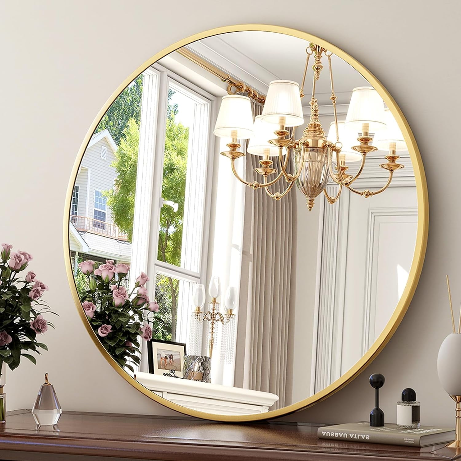 30-Inch Round Wall Mirror - Gold Bathroom Mirror with Metal Frame ...